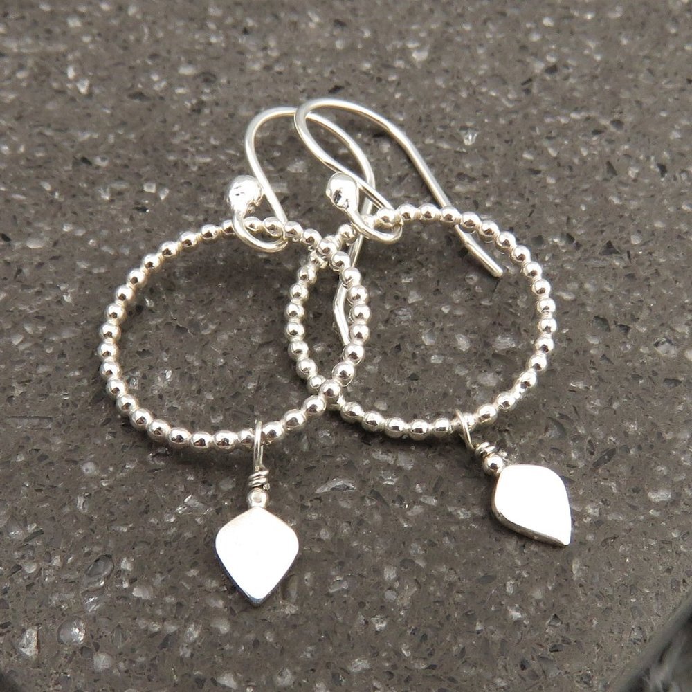 Silver Beaded Hoop Earrings With Leaf Dangle in 925 Sterling Silver